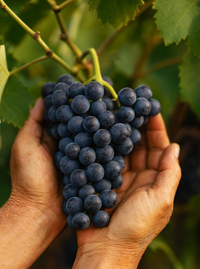 Hands cradling ripe red wine grapes on the vine in warm sunlight