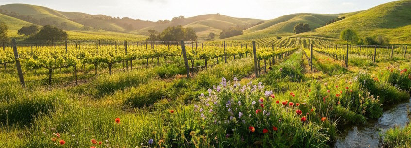 Panoramic view of an idyllic Australa organic vineyard in the early evening light
